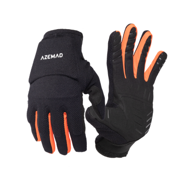 Luvas Azemad pretas com detalhes laranja nas pontas dos dedos