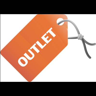 Etiqueta laranja com cordão cinza e texto OUTLET