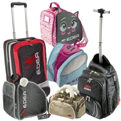 Conjunto de malas e mochilas EDEA para patins em várias cores e tamanhos, algumas com rodinhas e alças.