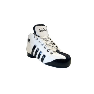 Sapato de dança desportiva branco e preto com texto sioux