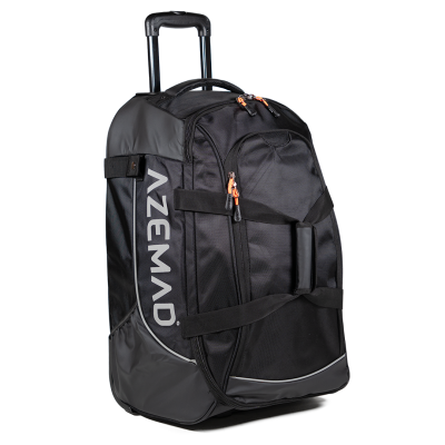 Mala de viagem preta com rodas e pega telescópica e logótipo AZEMAD