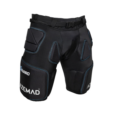 Calções de proteção pretos com costuras azuis e reforços acolchoados