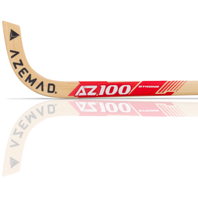 Dois sticks de hóquei em madeira clara com marca AZEMAD e detalhes AZ100 STRONG