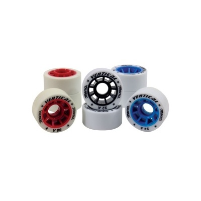 Rodas para patins brancas com centros coloridos em vermelho, azul e preto, com texto e números visíveis