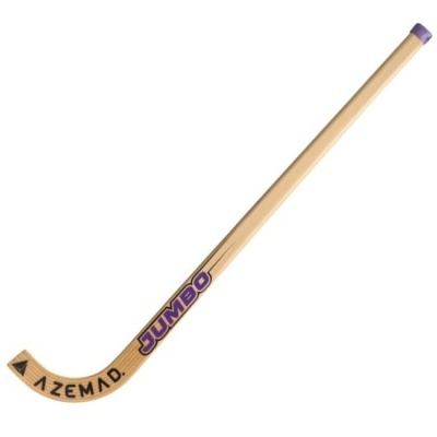 Pau de hóquei em patins em madeira clara com texto AZEMAD e JUMBO