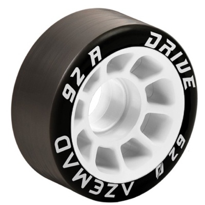 Roda de skate preta com carcaça branca e texto impresso