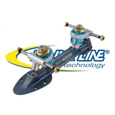 Trucks para skate pretos com componentes metálicos e azuis, sobre fundo branco com logótipo INLINE technology.