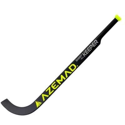 Stick de hóquei preto com escrita AZEMAD SHORT KEEPER em amarelo-limão