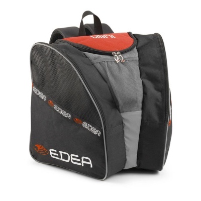 Mochila desportiva preta e cinza com detalhes em vermelho e logótipos EDEA.