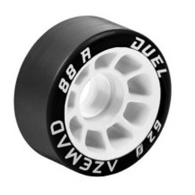 Roda preta de skate com núcleo branco e texto branco na borda.