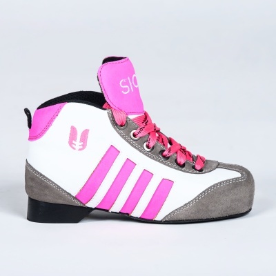 Bota desportiva branca, rosa e cinza com sola preta