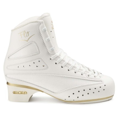 Bota de patinagem branca com detalhes dourados e atacadores