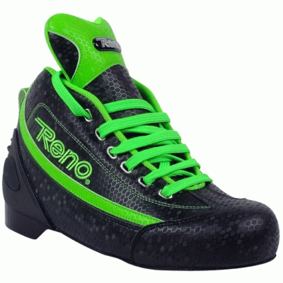 Ténis desportivo preto e verde da marca Reno com padrão hexagonal e atacadores verdes