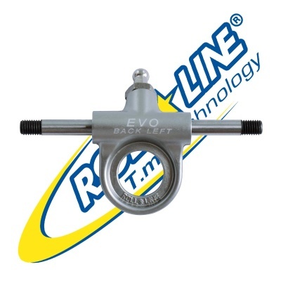 Peça metálica cinzenta com texto EVO BACK LEFT e RCS LINE sobre fundo branco com logotipo azul e amarelo