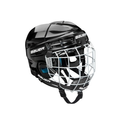 Capacete de hóquei no gelo preto com grelha metálica branca e marca BAUER