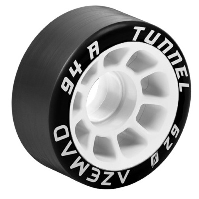 Roda preta e branca para patins ou skate com texto branco na lateral.