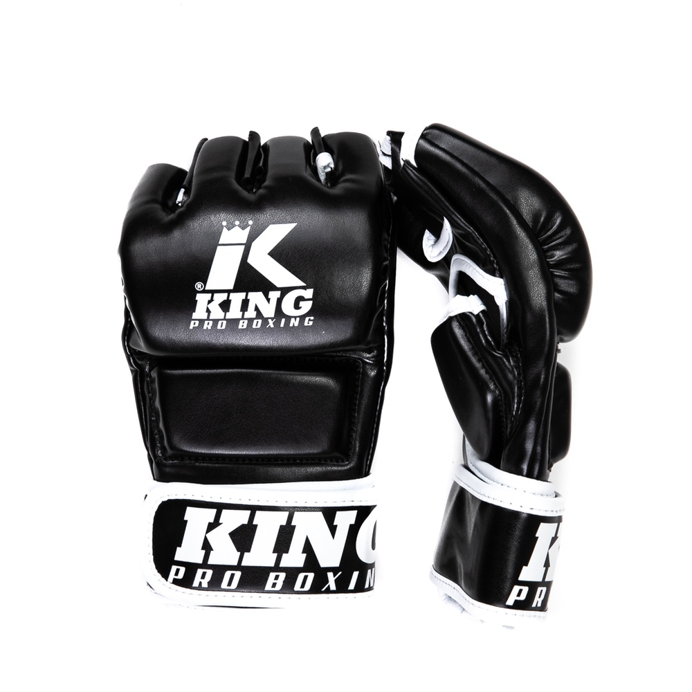 KPB MMA REVO 1 luvas de boxe negras com detalhes brancos e texto KING PRO BOXING