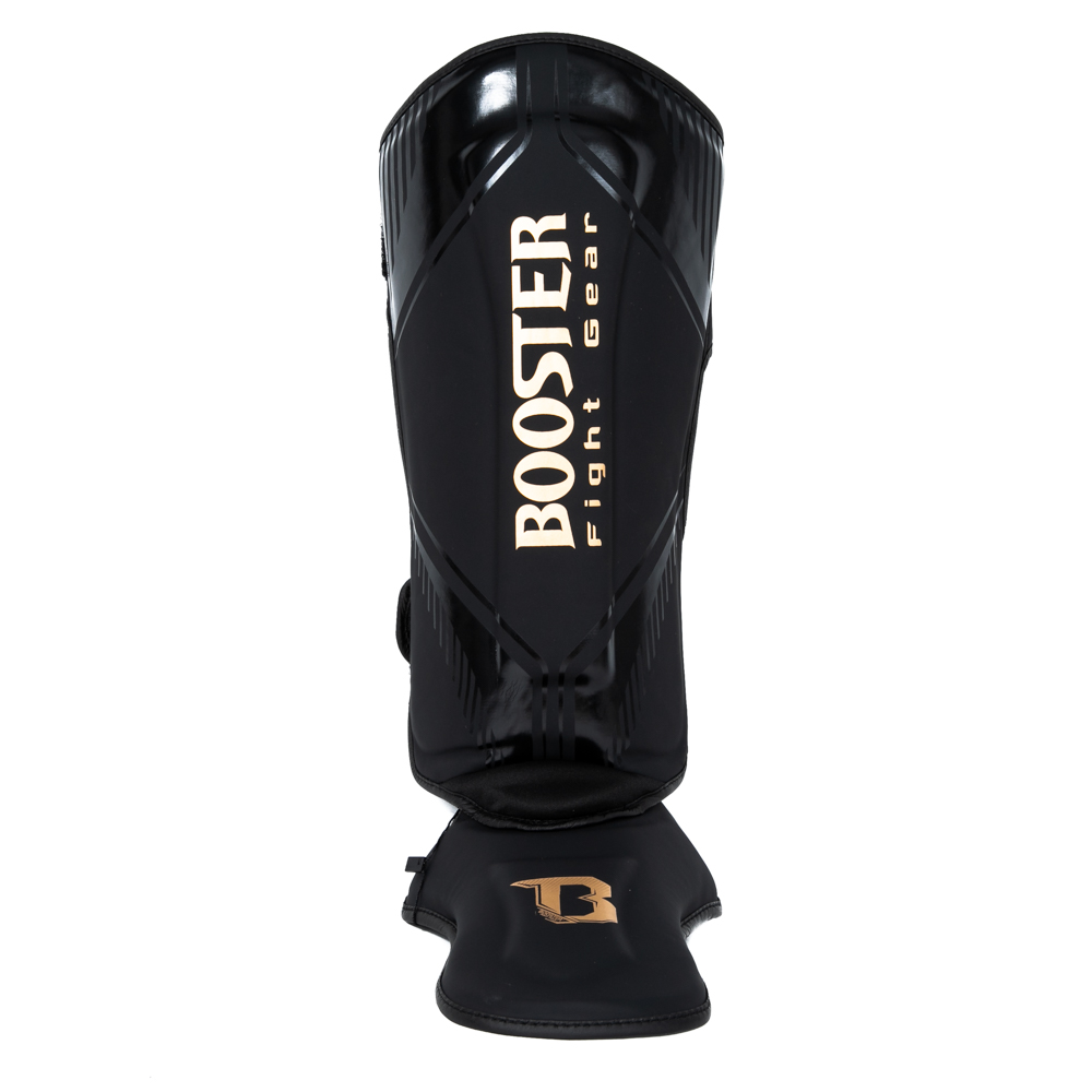 Caneleiras Booster Bangkok Series 1 SG Proteção preta para canela e pé com texto BOOSTER Fight Gear em dourado