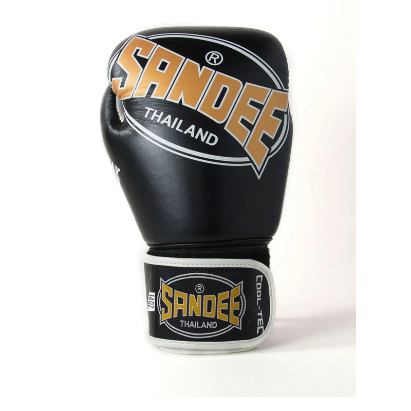 Sandee Cool Tec - Preto PU Luvas de boxe pretas SANDEE THAILAND com detalhes em branco e dourado