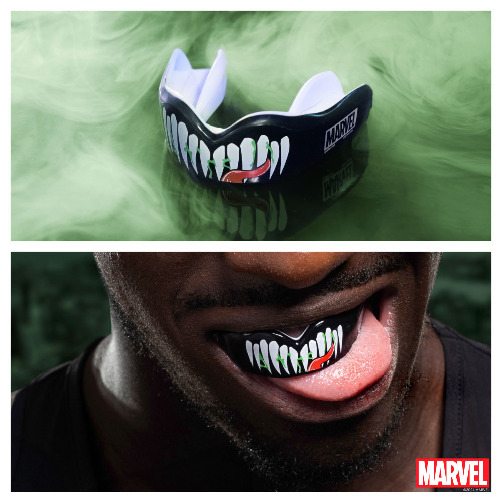 Bocal SAFEJAWZ Marvel Venom Protetor bucal preto com design de dentes brancos e língua vermelha estilo Venom