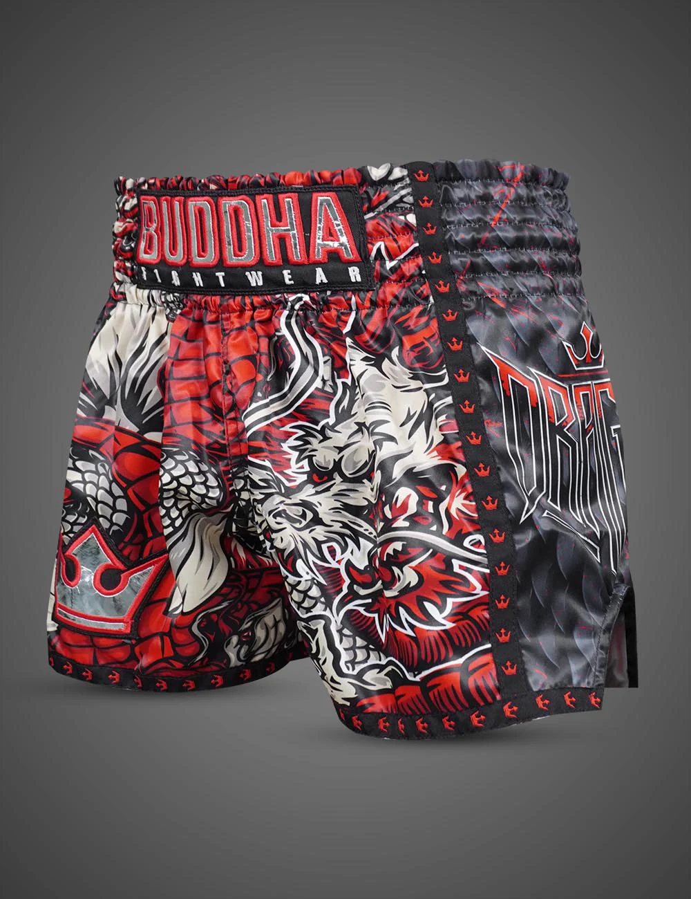 Buddha Dragon - Vermelho Calções desportivos coloridos com estampas de dragão e texto BUDDHA FIGHTWEAR e DRAGON