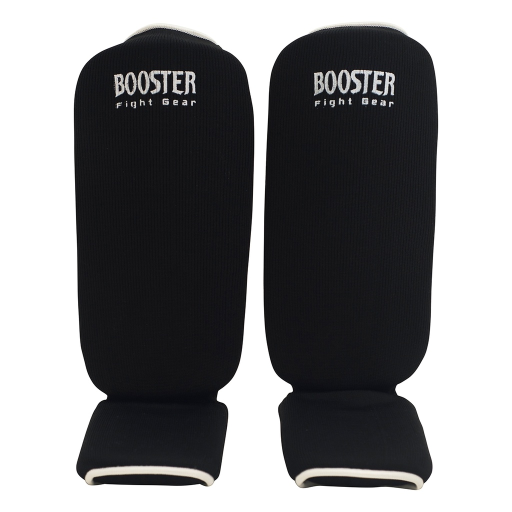 Caneleiras Elásticas Booster AMSG-1 protetores pretos para canelas com texto BOOSTER Fight Gear