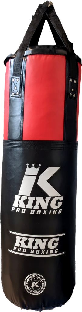 Saco KPB (Vazio) - 1.80M Saco de boxe preto e vermelho com texto KING PRO BOXING e selo de qualidade