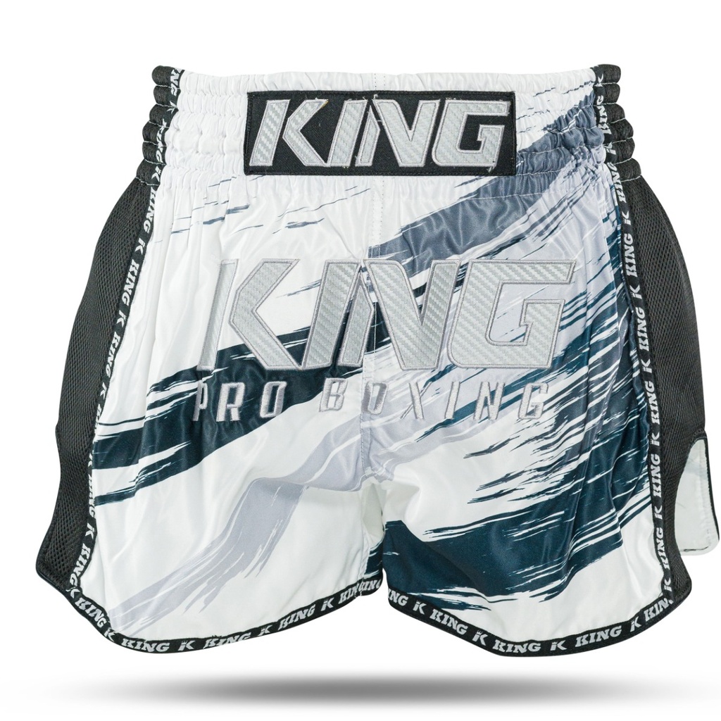 KPB Storm Calções de boxe brancos e pretos com estampagem KING PRO BOXING
