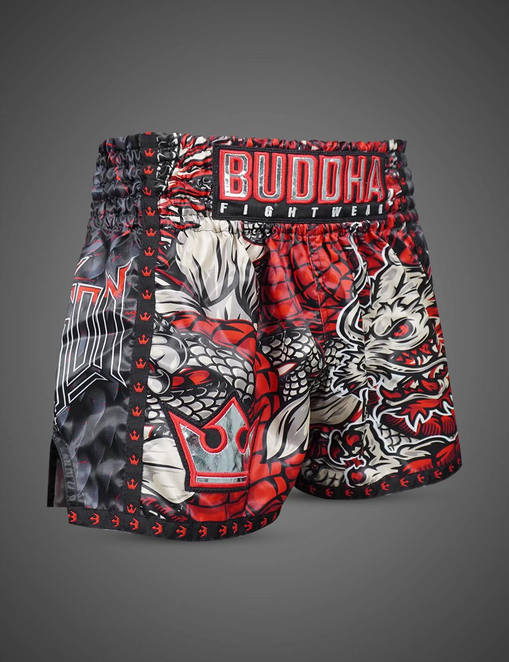 Buddha Dragon - Vermelho Calções de luta budista com padrão de dragão e logótipo BUDDHA FIGHTWEAR