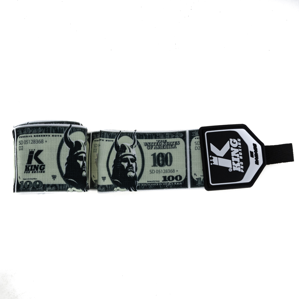 King Pro Boxing Handwraps – Viking Edition Bandagem de pugilismo com padrão de notas de 100 dólares e etiqueta KING Professional Boxing