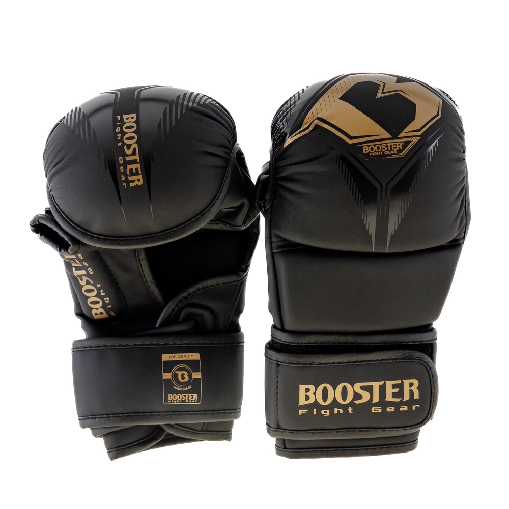 Booster Bangkok Series MMA Luvas de boxe pretas com detalhes dourados da marca BOOSTER Fight Gear