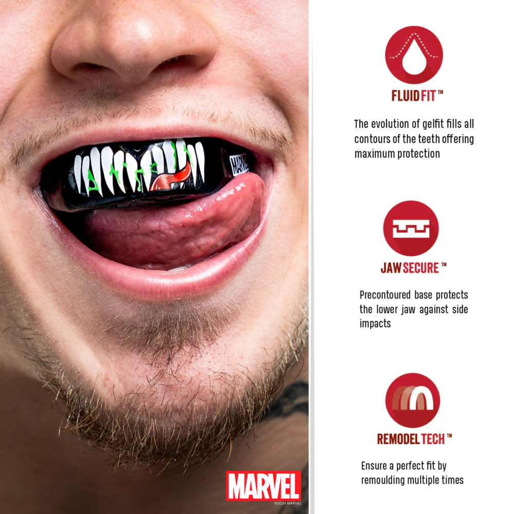 Bocal SAFEJAWZ Marvel Venom Protector bucal preto com design de dentes de Venom e logótipo MARVEL