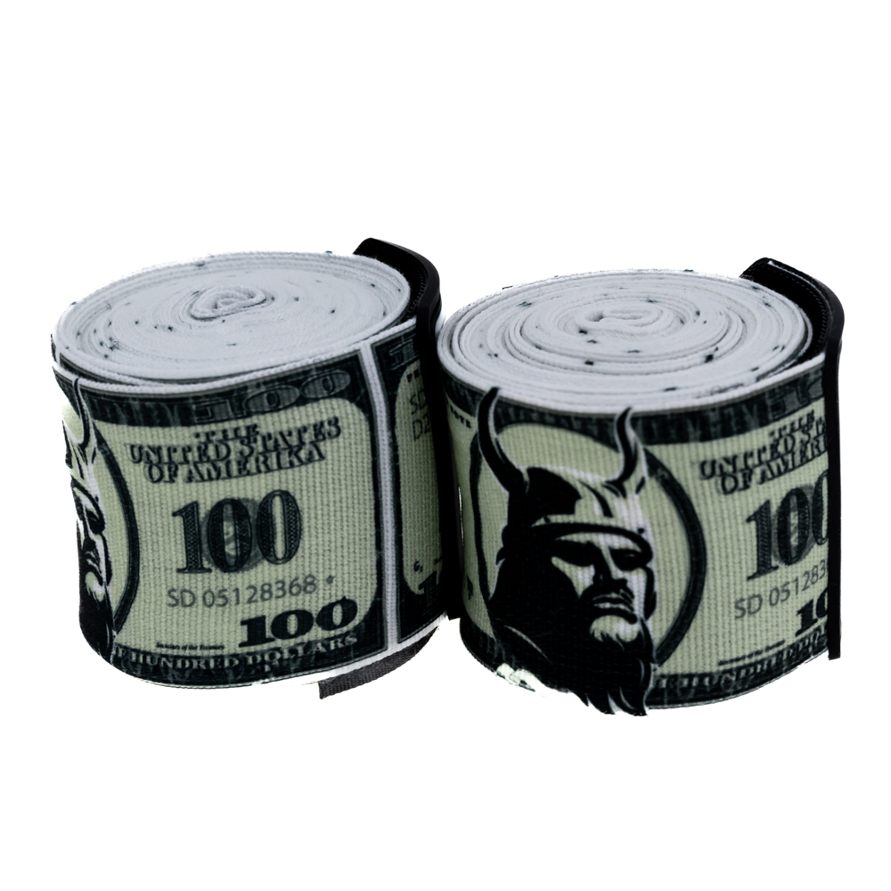King Pro Boxing Handwraps – Viking Edition Duas faixas de tecido enroladas com estampado de notas de 100 dólares.