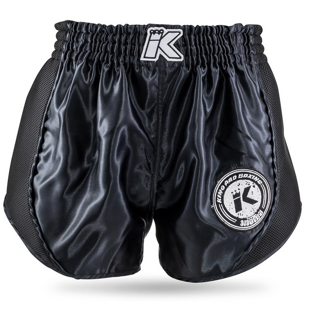 KPB Retro Mesh 1 Calções de boxe pretos com logo KIMO PRO BOXING