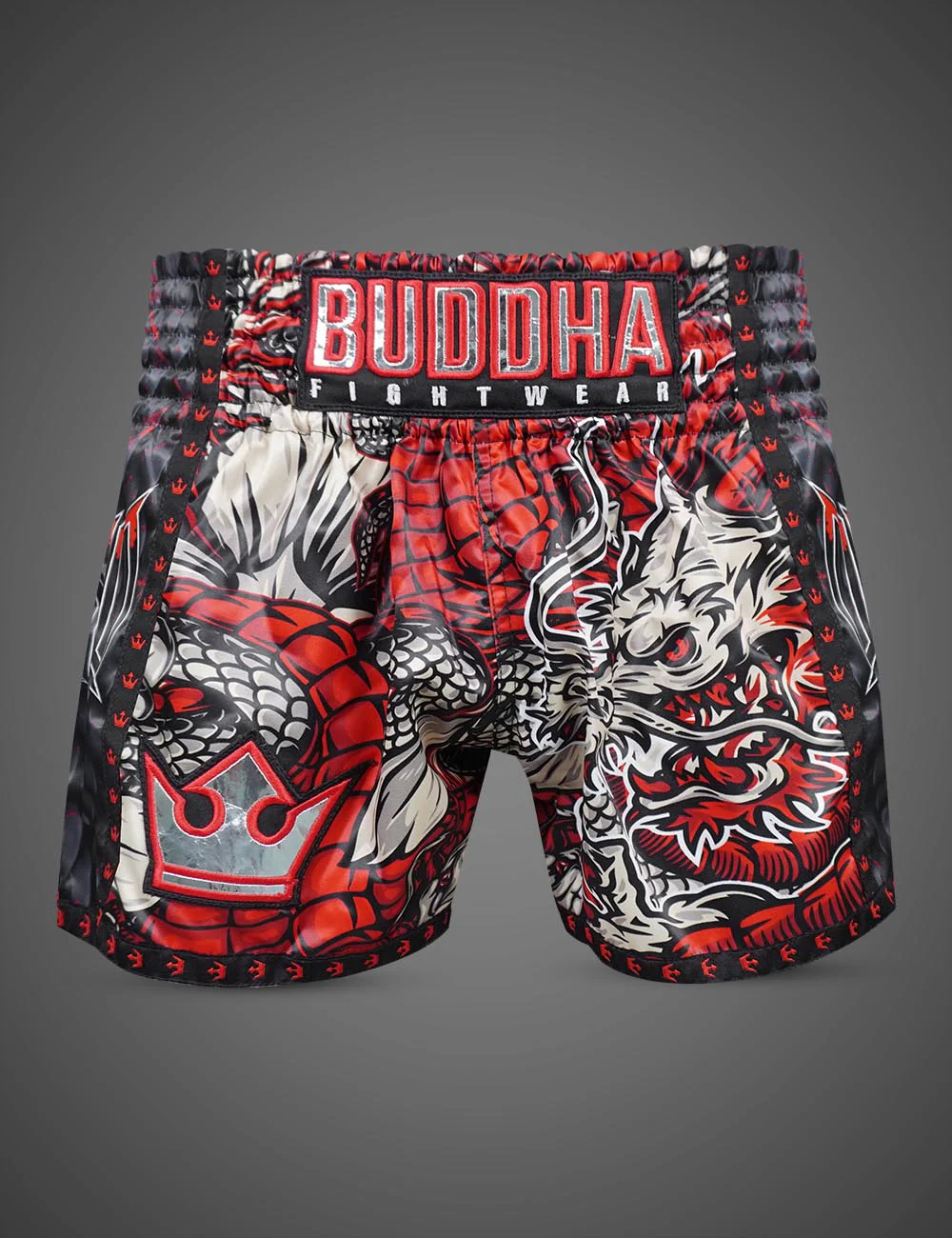 Buddha Dragon - Vermelho Calções de luta BUDDHA FIGHTWEAR com padrão de dragão vermelho, branco e preto