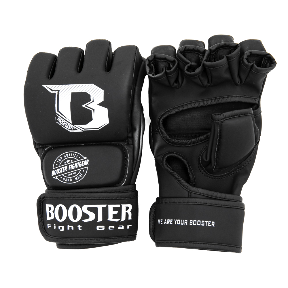 MMA Booster Gloves Luvas de combate pretas com fecho de velcro e dedos cortados.