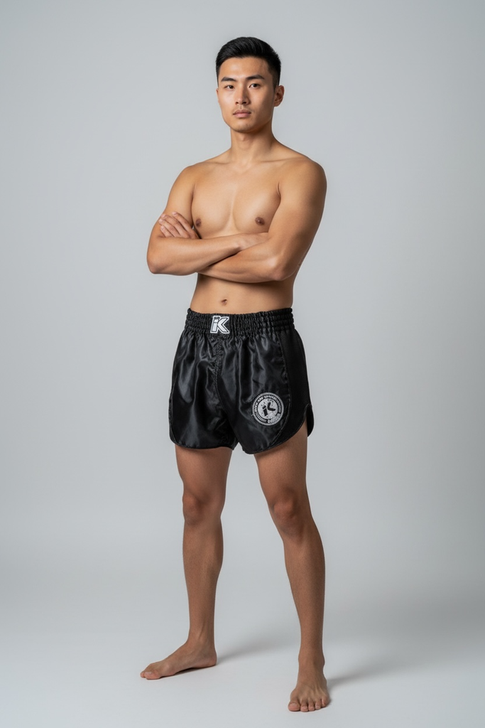 KPB Retro Mesh 1 Homem com calções de treino pretos brilhantes, logótipos brancos, fundo cinza