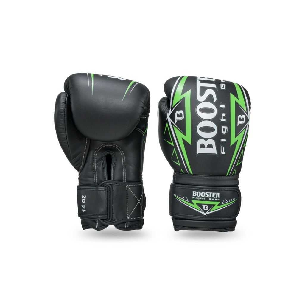 Pack Booster Warrior Series Luvas de boxe pretas com detalhes verdes e brancos com texto BOOSTER FIGHT GEAR