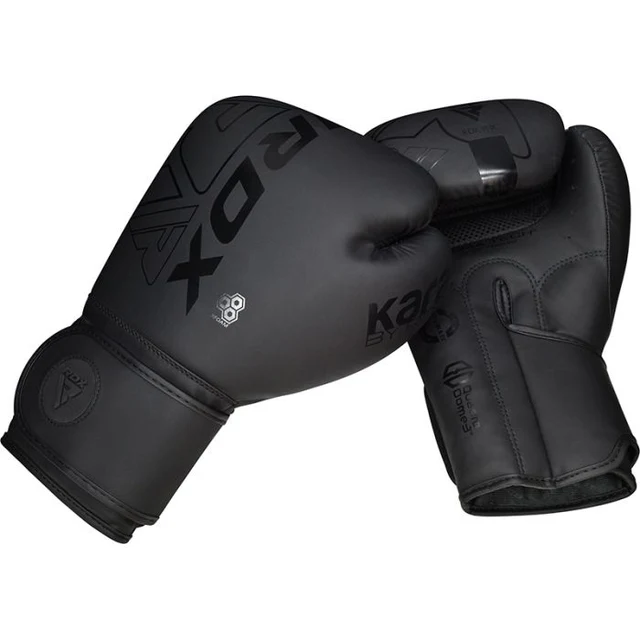 Luvas de boxe pretas com texto RDX e símbolo 8