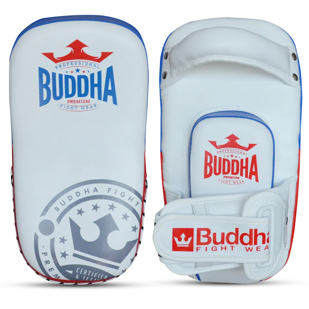 Paos Curvos Buddha Manoplas de treino artes marciais Buddha, brancas com azul e vermelho, logótipos visíveis