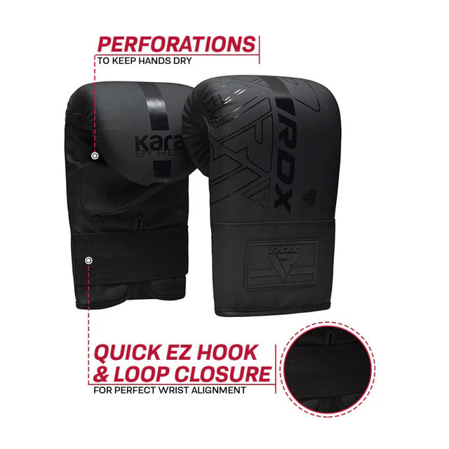 Luvas de boxe pretas com fecho em velcro e textos explicativos