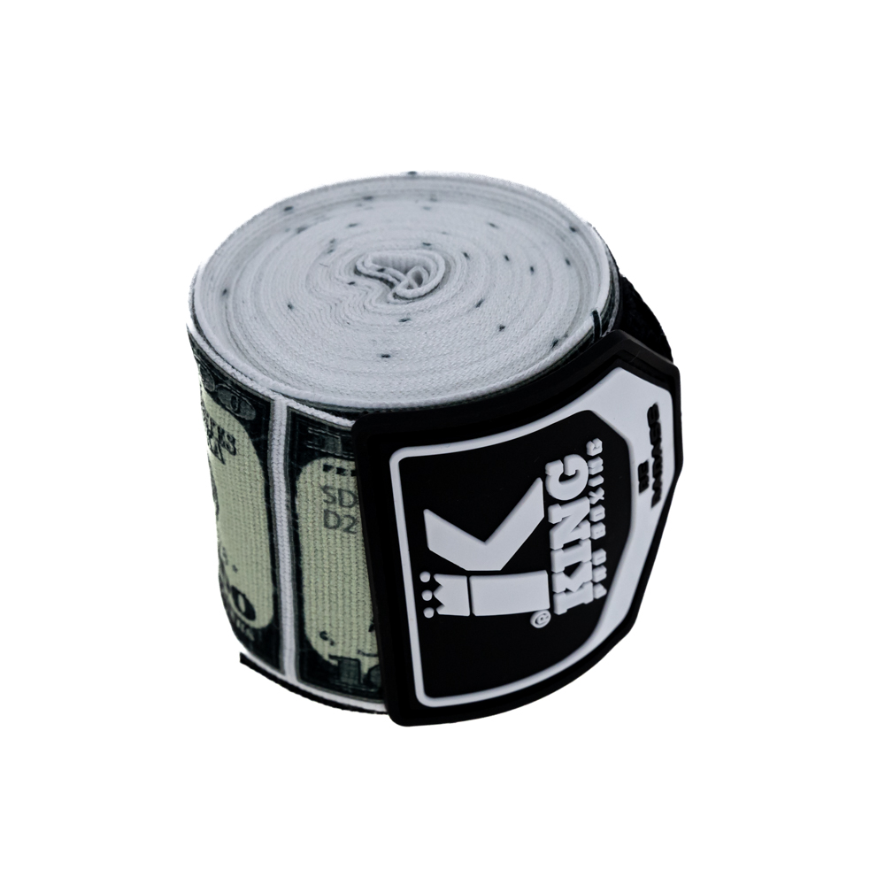 King Pro Boxing Handwraps – Viking Edition Rolinho de bandagem com padrão de notas de dólar e etiqueta King Handwraps