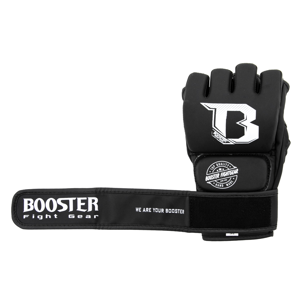 MMA Booster Gloves Luva de combate preta com fecho largo e logótipos Booster