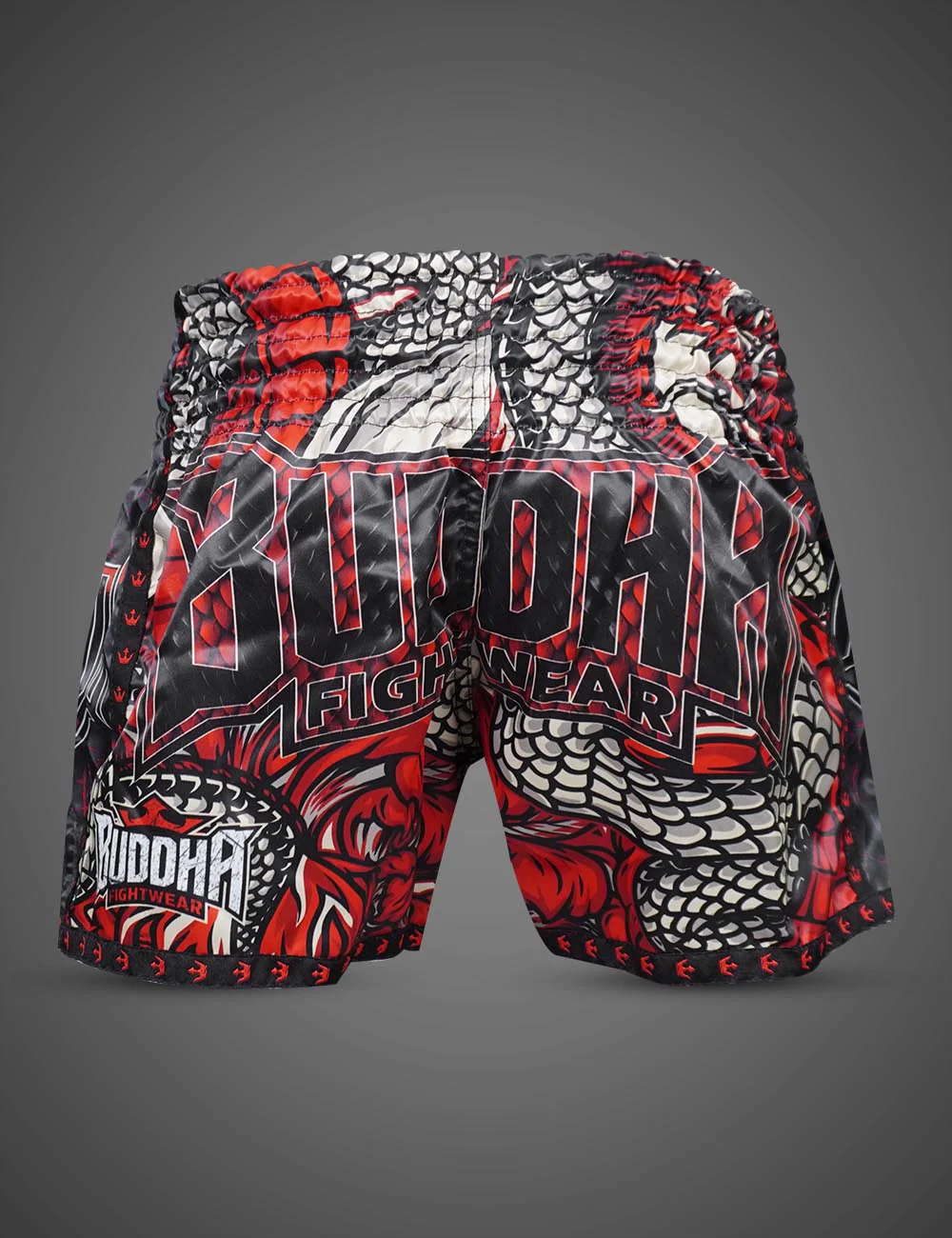 Buddha Dragon - Vermelho Calções de luta coloridos com estampas e texto Buddha Fightwear