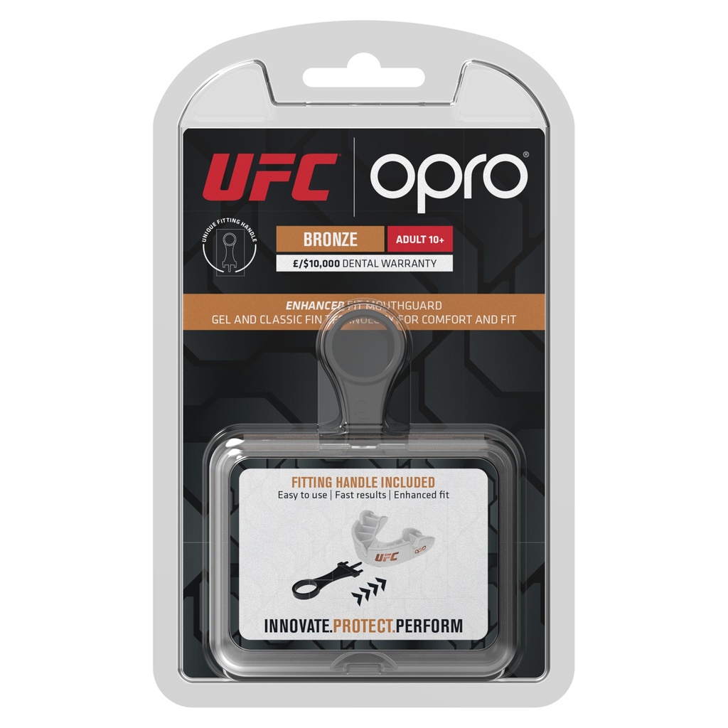 Protetor bucal UFC Opro Bronze para adultos com alça de ajuste em embalagem preta e bronze
