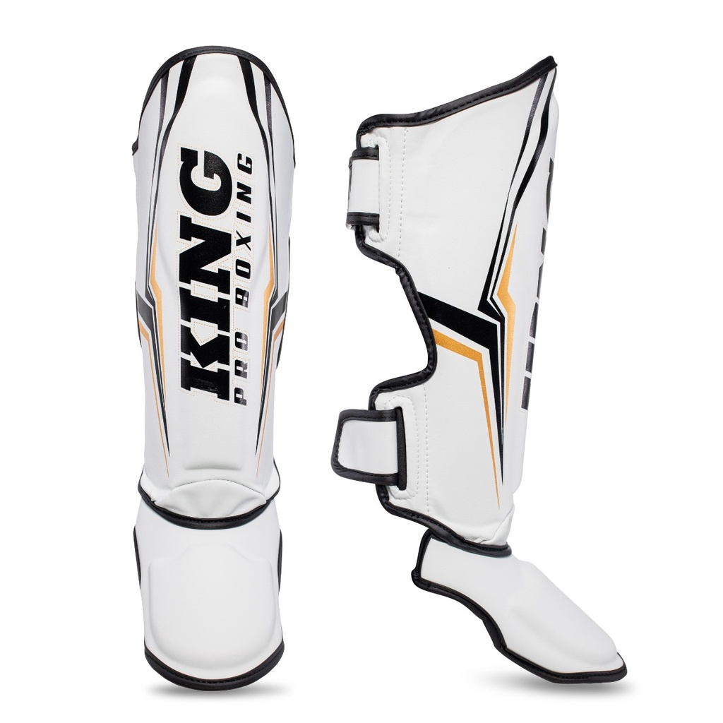 KPB Thor Shinguards WH Par de caneleiras brancas com detalhes pretos e dourados KING PRO BOXING