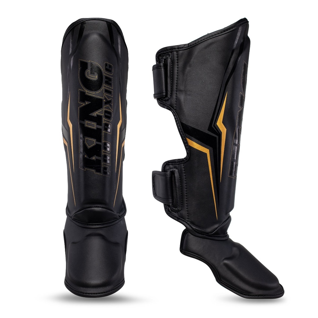 KPB Thor Shinguards WH Proteção de canela e pé para boxe preta com detalhes dourados e texto KING PRO BOXING