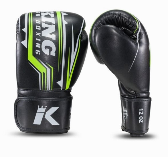 King Pro Boxing - Spartan 5 Luvas de boxe pretas com detalhes verdes e brancos, texto KING PRO BOXING e indicação 12 OZ
