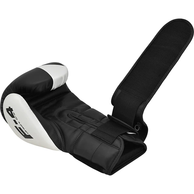 Luva de boxe preta e branca com fecho de velcro