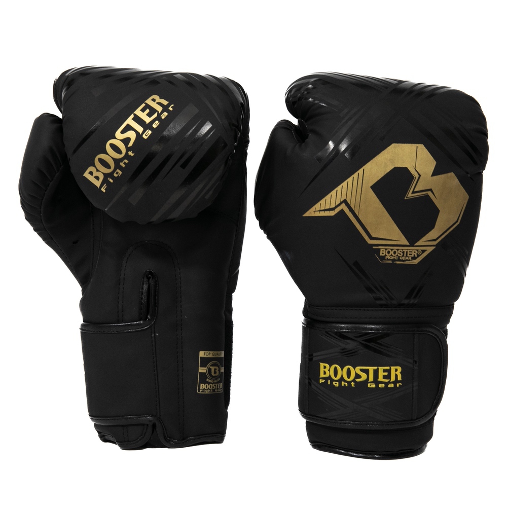 Booster Alpha Black/Gold Luvas de boxe pretas com detalhes dourados e logótipo Booster